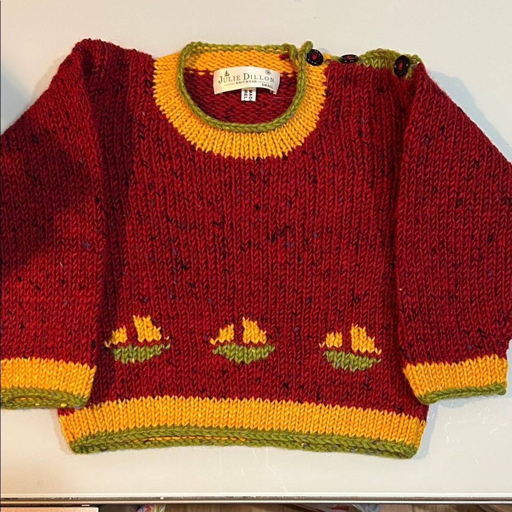 Child’s  handmade artisan wool sweater sailboats Julie Dillon Ireland
